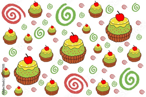 Colorful cupcake background with green and red spiral pattern, Cupcake background, Cupcake pattern, Green background, Sweet candy.
