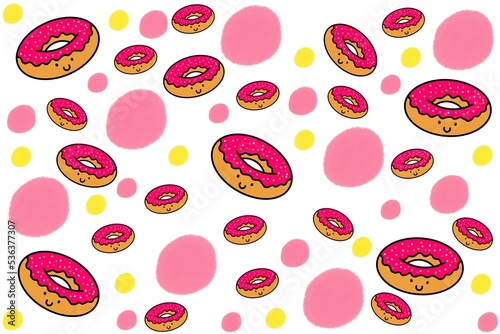 Pink donuts on pink and yellow polka dot background, Pink background, Donut background, Donut pattern.