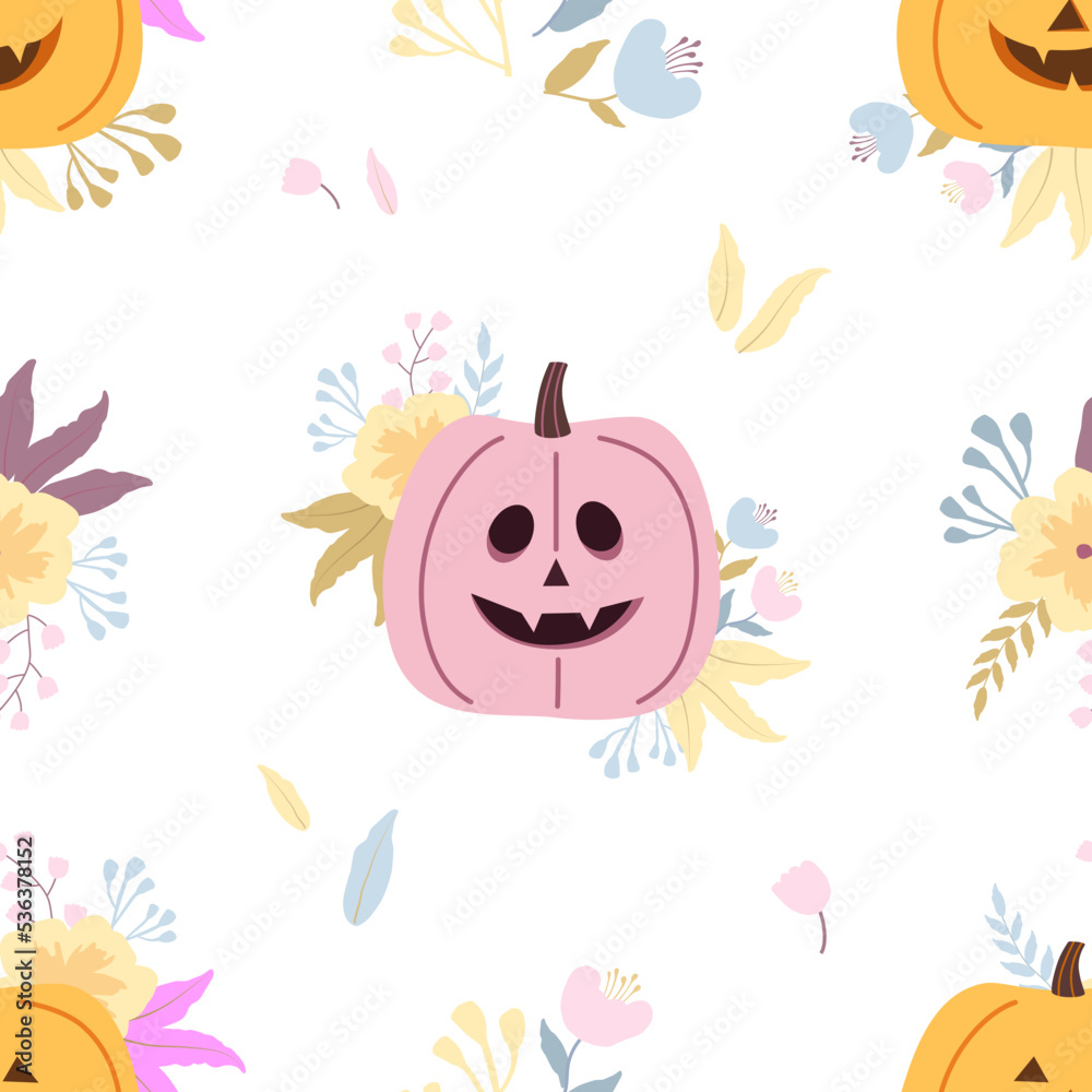 Pumpkin with flowers on a white background. Seamless vector pattern. Halloween illustration.