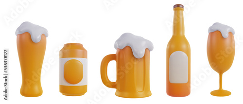 Beer bottle, can, mug and glass in 3d realistic minimal style isolated on white background. Set cartoon alcohol drink elements. Vector objects.