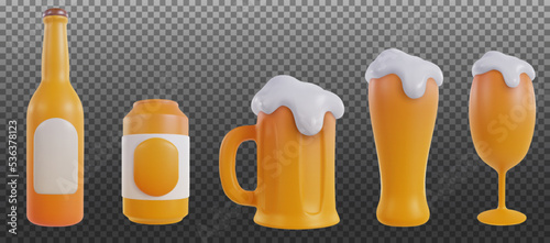 Beer bottle, can, mug and glass in 3d realistic minimal style isolated on transparent background. Set cartoon alcohol drink elements. Vector objects.