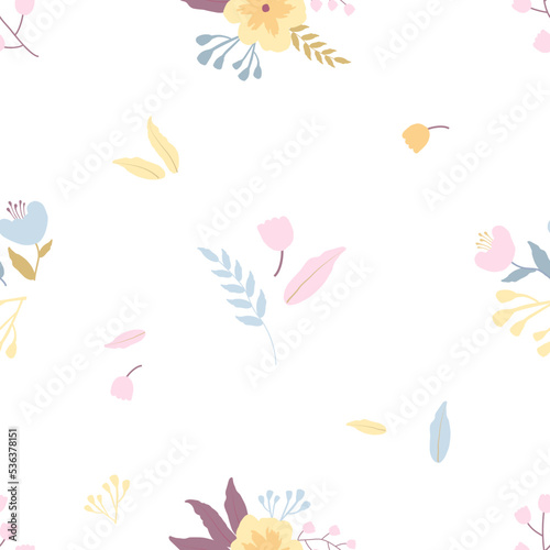 Gentle colorful flowers on a white background. Seamless vector pattern.