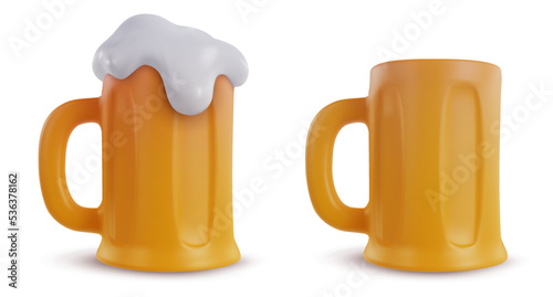 3d realistic empty and full mug of beer isolated on white background. Set design elements in modern cartoon style. Vector illustration.