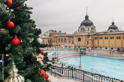 Courtyard of Szechenyi Baths, Hungarian thermal bath complex and spa treatments. New year BUDAPEST, HUNGARY photo