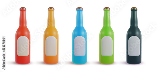 Set 3d realistic plastic or glass bottles different color isolated on white background. Collection cartoon colorful drink alcohol or juice containers. Bright design elements. Vector illustration.