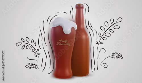 Beer bottle and glass in 3d realistic style with funny doodle hand drawn elements. Creative cartoon design composition in modern style. Template for banner, cover, poster. Vector illustration.