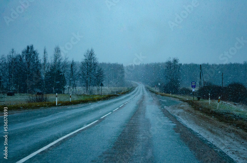 road in the winter evening
