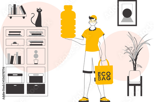 A man holds in his hands an eco bag and a bottle made of biodegradable plastic. The concept of ecological products. Lineart style.