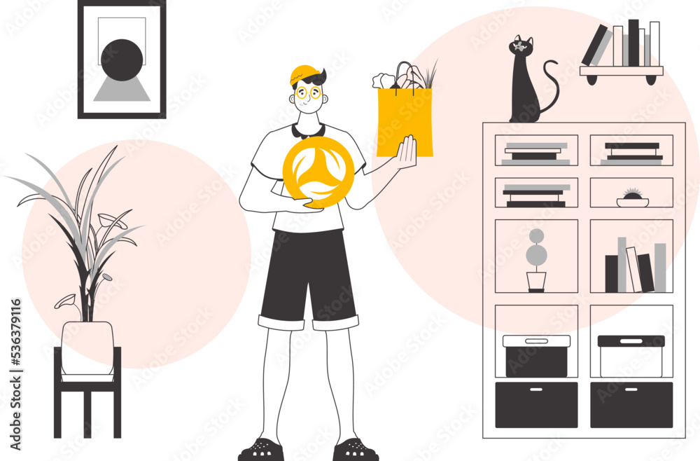 Fototapeta premium The concept of ecological products. Guy, package with groceries and eco logo. Linear trendy style.