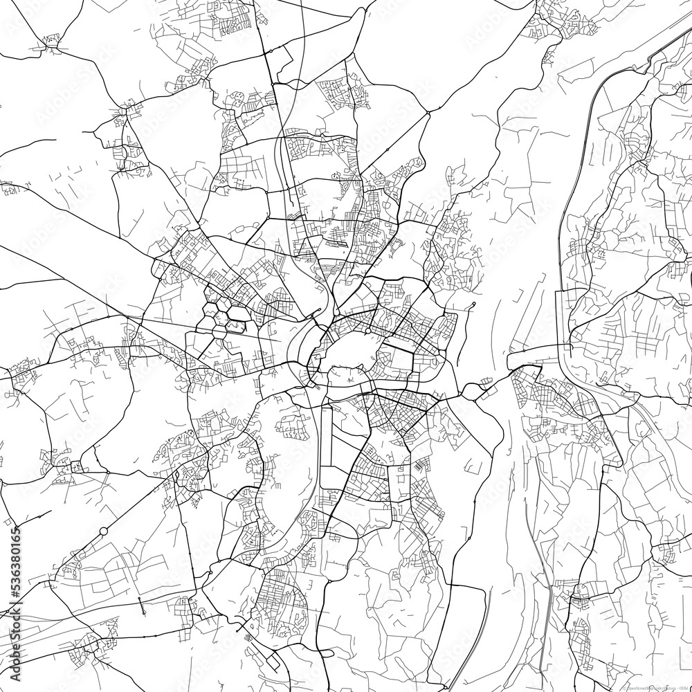 Area map of Strasbourg France with white background and black roads