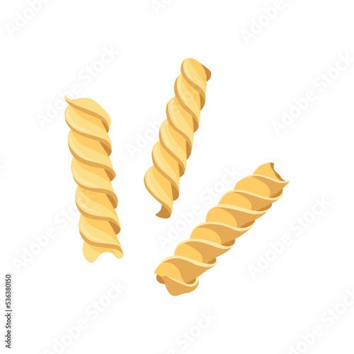 Pasta fusilli. Restaurant delicious menu icon. Raw macaroni. Italian cuisine, wheat flour product. Vector cartoon pasta