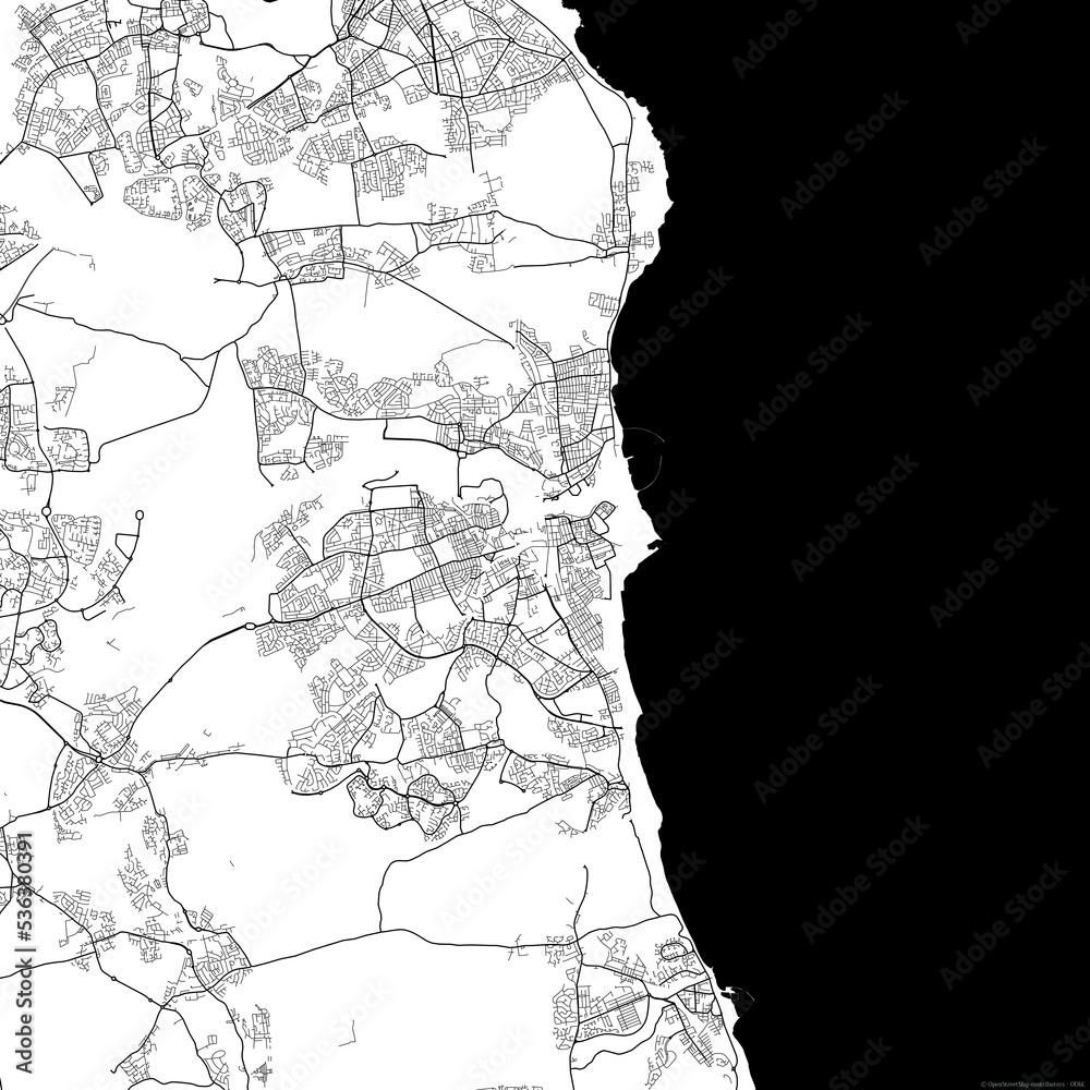 Fototapeta premium Area map of Sunderland United Kingdom with white background and black roads