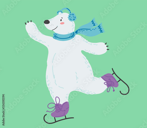 The white polar bear is skating. Winter sport. Colorful vector illustration in a cute flat style. Vector illustration design.