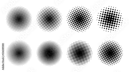 Set of vector halftone dots background circle shape. Black and white for promotional design elements, banners, comics, pop