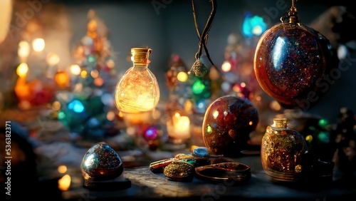 Magical festive new year christmas decoration background.