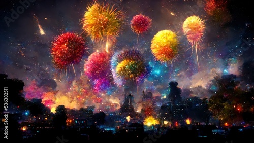 Realistic colorful explosion of fireworks over the night city