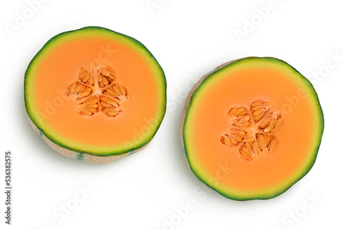 Cantaloupe melon half isolated on white background with full depth of field. Top view. Flat lay