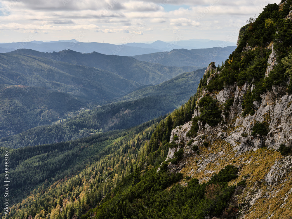 View of the surrounding hills from the Rax mountain range in Austria