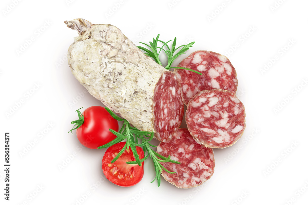 Cured salami sausage slices isolated on white background. Italian cuisine with full depth of field. Top view. Flat lay. Cured salami sausage slices isolated on white background. Italian cuisine with full depth of field. Top view. Flat lay.