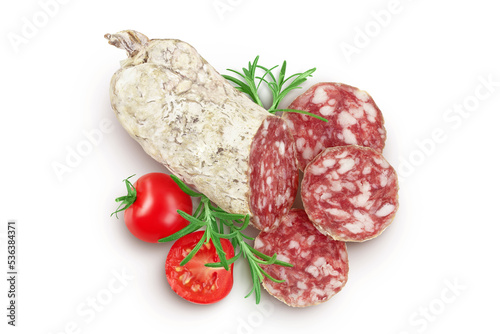 Cured salami sausage slices isolated on white background. Italian cuisine with full depth of field. Top view. Flat lay.