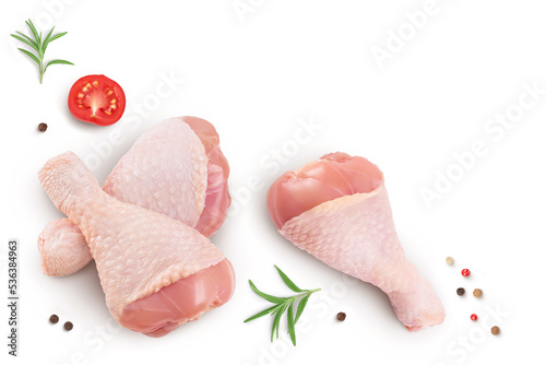 Raw chicken leg or drumstick isolated on white background with full depth of field. Top view with copy space for your text. Flat lay
