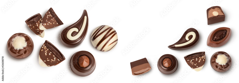 Chocolate candy isolated on white background with full depth of field. Top view. Flat lay.