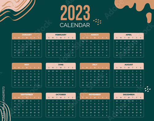 2023 calendar year , vector illustration, Annual calendar 2023 template, wall calendar, week starts Sunday