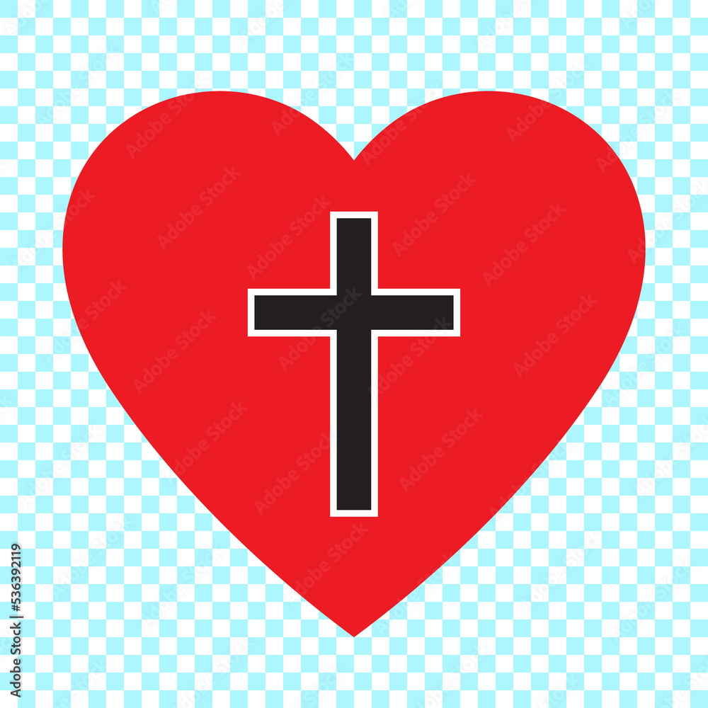 Obraz premium Christian cross icon in the heart inside. Black christian cross sign isolated on background. Vector illustration. Christian symbol.