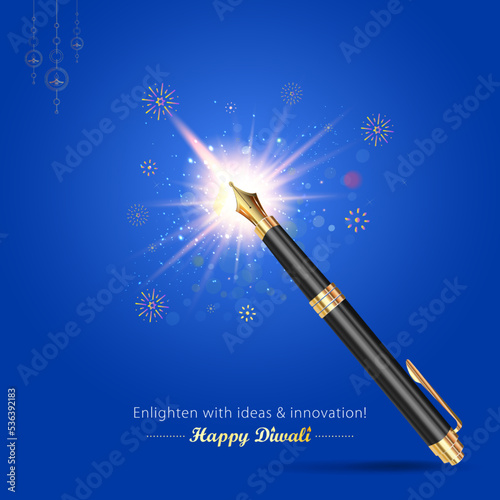 Diwali Festival Creative concept. Happy Diwali background with fire crackers light and educational writing pen.