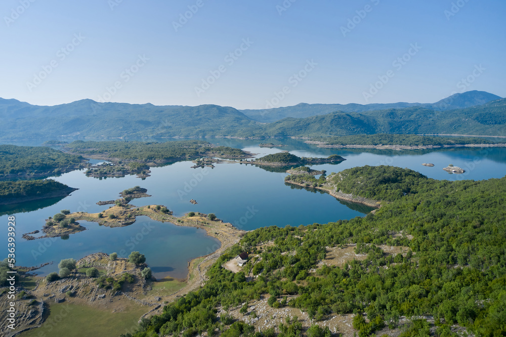 Aerial view of salt lake of Slano with islands in Montenegro.
