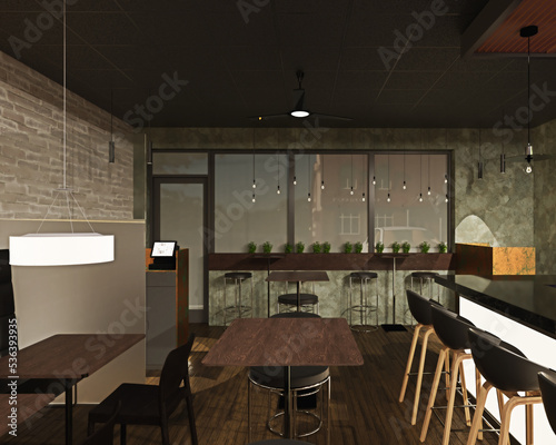Interior 3D rendering of restaurant and bar, commercial building