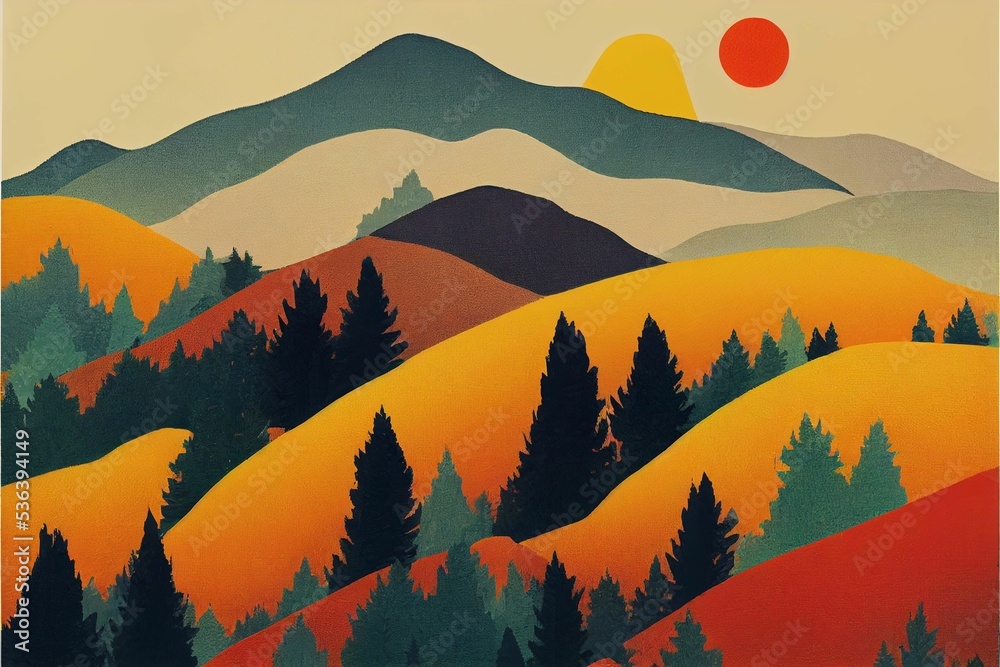 Obraz premium Colorful illustration of mountains and trees and a red sun in the background