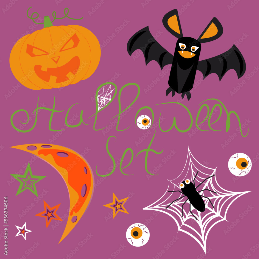 Set of vector objects for halloween. Bat, pumpkin, moon, stars, eyeballs, spider, cobweb, halloween word. Isolated elements in a flat style Set of vector objects for halloween. Bat, pumpkin, moon, stars, eyeballs, spider, cobweb, halloween word. Isolated elements in a flat style