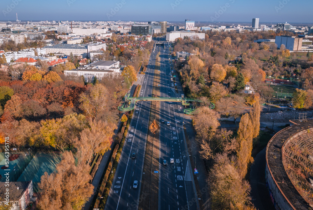 Drone photo of Wawelska Street in Warsaw city, Poland