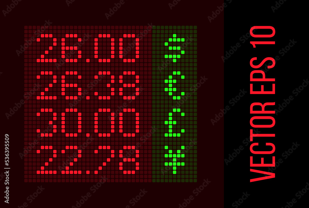 Cash exchange rate LED display. Money exchange red and green pixel screen mockup. Digital currency numbers and alphabet. Vector USD, EUR, GBP symbol. Neon panel finance. Pricetable currency billboard