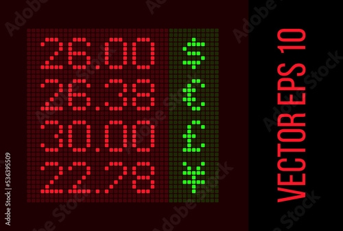 Cash exchange rate LED display. Money exchange red and green pixel screen mockup. Digital currency numbers and alphabet. Vector USD, EUR, GBP symbol. Neon panel finance. Pricetable currency billboard