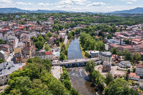 Drone photo of Bridge of Friendship over Olza River in Cieszyn and Cesky Tesin cities, Polish-Czech border, Poland photo