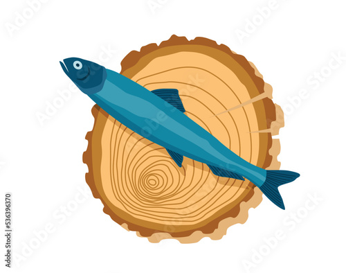 Fish on wooden board. Kitchen cutting board with healthy meal meat. Foodstuff in cartoon style. Concept organic wild river or ocean food