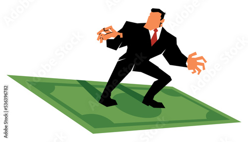 Businessman Riding Dollar Bill on White