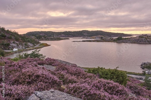 Beautiful landscape of flowers and lakes from the hill on the sunset, Kladesholmen, Norway photo