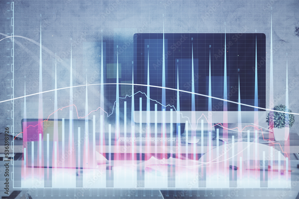 Multi exposure of financial graph drawing and office interior background. Concept of market analysis. Multi exposure of financial graph drawing and office interior background. Concept of market analysis.