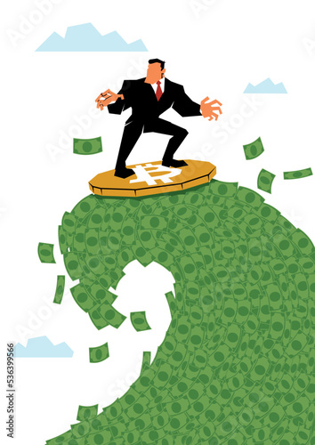 Businessman Surfing Bitcoin on Fiat Isolated