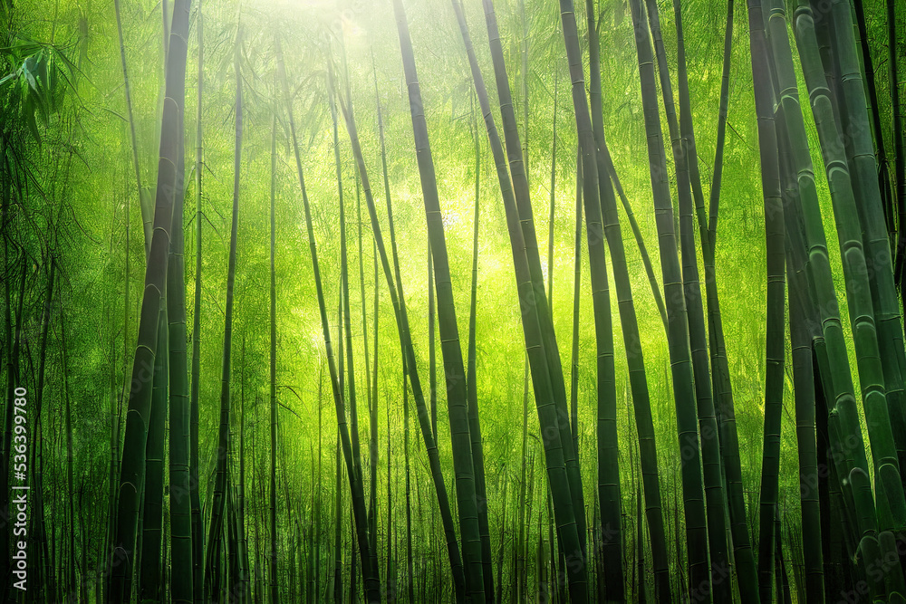 Green bamboo forest in sunlight - obrazy, fototapety, plakaty 
