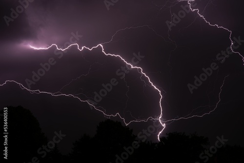 Group of lightning strikes caught on top of a forest during nighttime