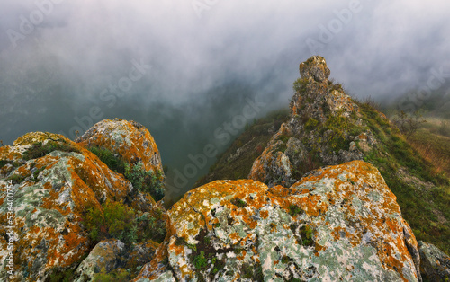 Beautiful autumn landscape at sunrise. picturesque river canyon. nature of Ukraine
