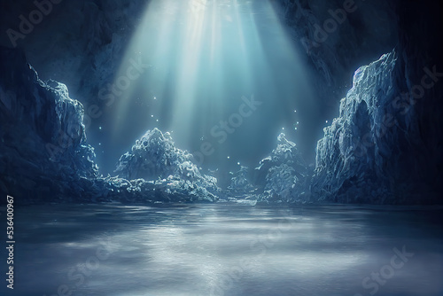 Fabulous lake with clear water in a snowy underground cave. Hyper realistic digital painting. 3D illustration photo