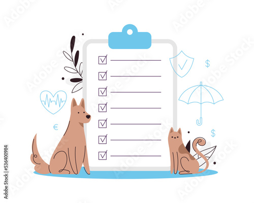 Insurance for pets concept. Big clipboard with check list. Medical coverage for animals' health.