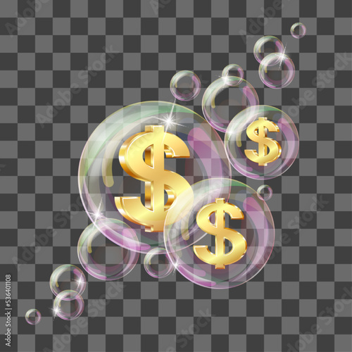 Dollar inside the soap bubble. Financial Crisis vector illustration.