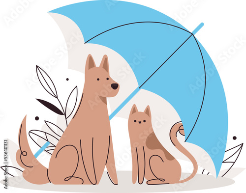 Cat and dog sit under umbrella. Medical coverage for animals' health. Pets was left outside. Homeless animals. Modern flat style illustration isolated on white background.