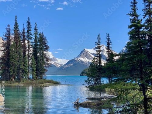 Spirit Island in Maligne Lake and Canadian Rocky Mountains, Jasper National Park, Alberta, Canada